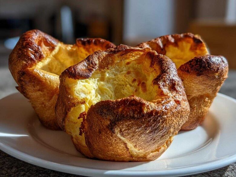 Close-up of four golden brown, perfectly risen Yorkshire pudding pastries on a white plate.