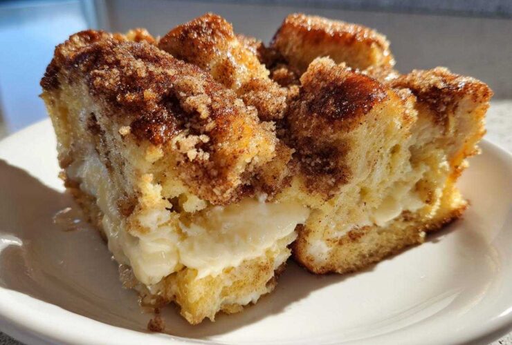 A close-up of a square serving of french toast casserole with a visible layer of cream cheese filling.