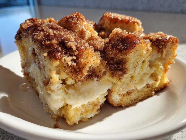 A close-up of a square serving of french toast casserole with a visible layer of cream cheese filling.