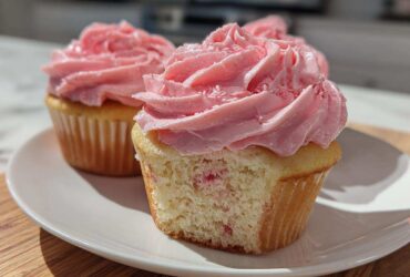 Close-up of fresh strawberry cupcakes, one with a bite taken out showing the cake texture and pink frosting.