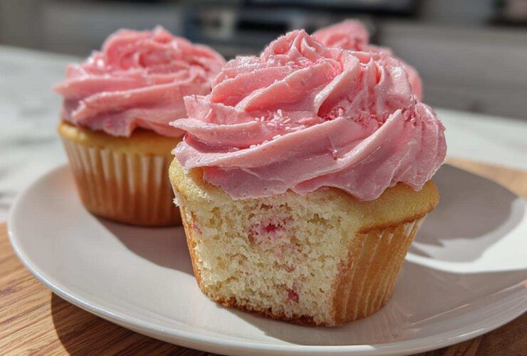 Close-up of fresh strawberry cupcakes, one with a bite taken out showing the cake texture and pink frosting.