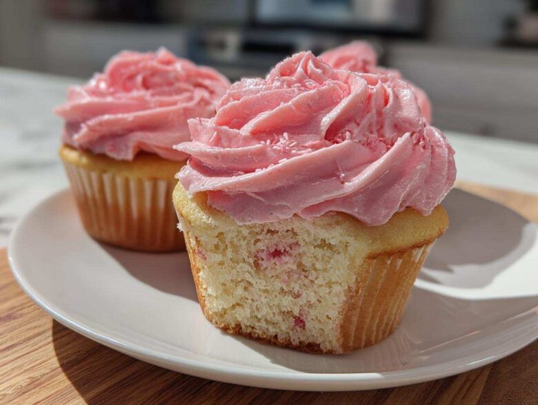 Close-up of fresh strawberry cupcakes, one with a bite taken out showing the cake texture and pink frosting.
