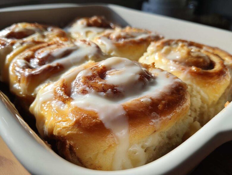 Close-up of several warm, freshly baked cinnamon roll swirls topped with thick white icing.