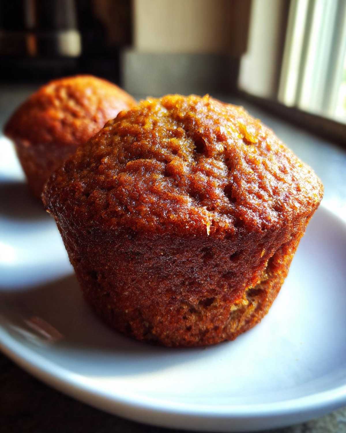 A close-up photo of two moist, dark brown honey bran muffins sitting on a white plate near a window.