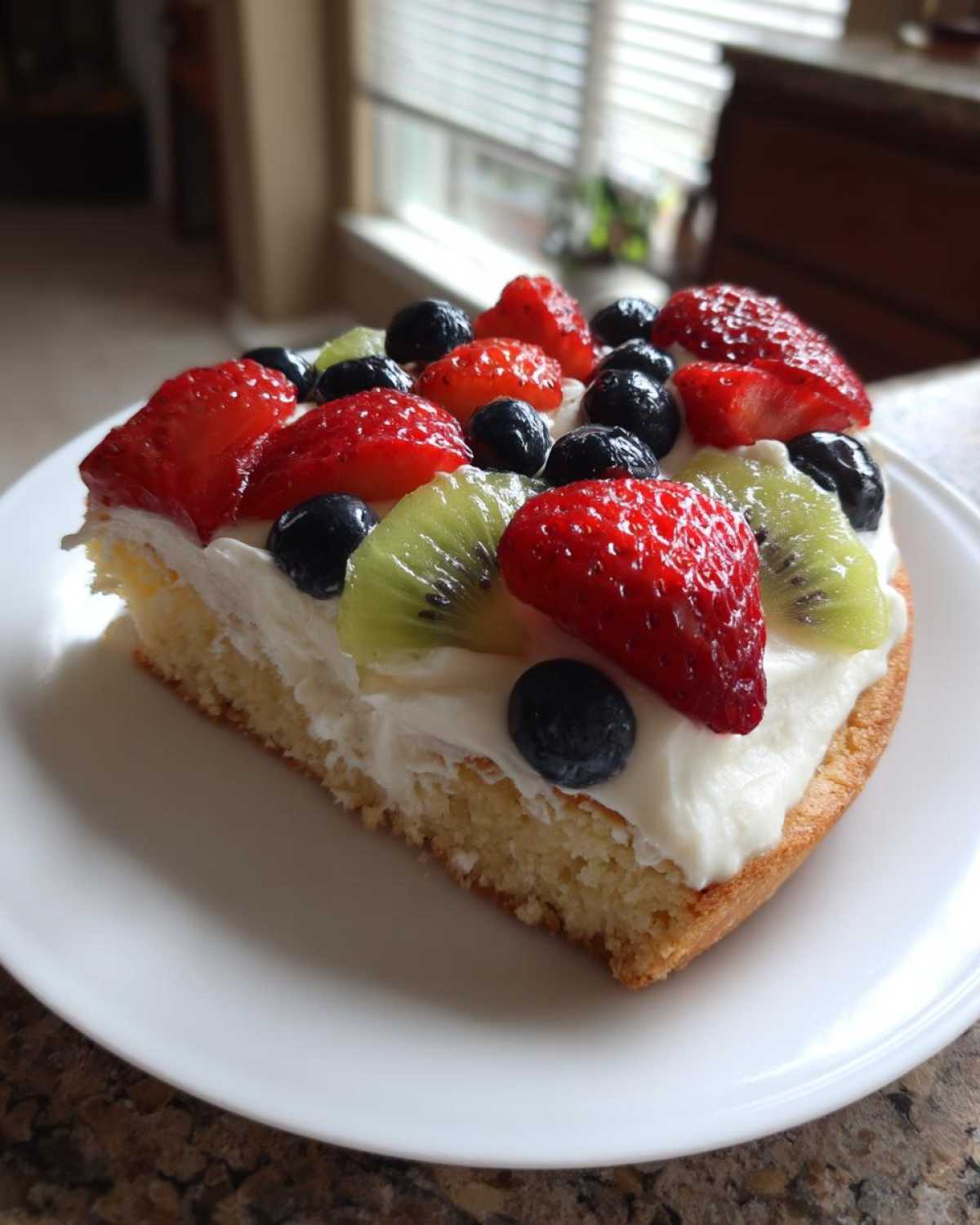 A slice of fruit pizza sugar cookie topped with white frosting, strawberries, blueberries, and kiwi slices.