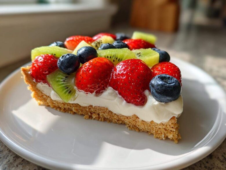 A close-up shot of a slice of fruit pizza sugar cookie topped with cream cheese frosting, strawberries, blueberries, and kiwi.
