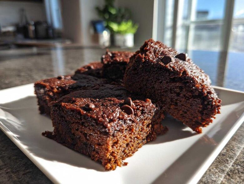 Close-up of several fudgy sweet potato brownies topped with chocolate chips, served on a white plate.