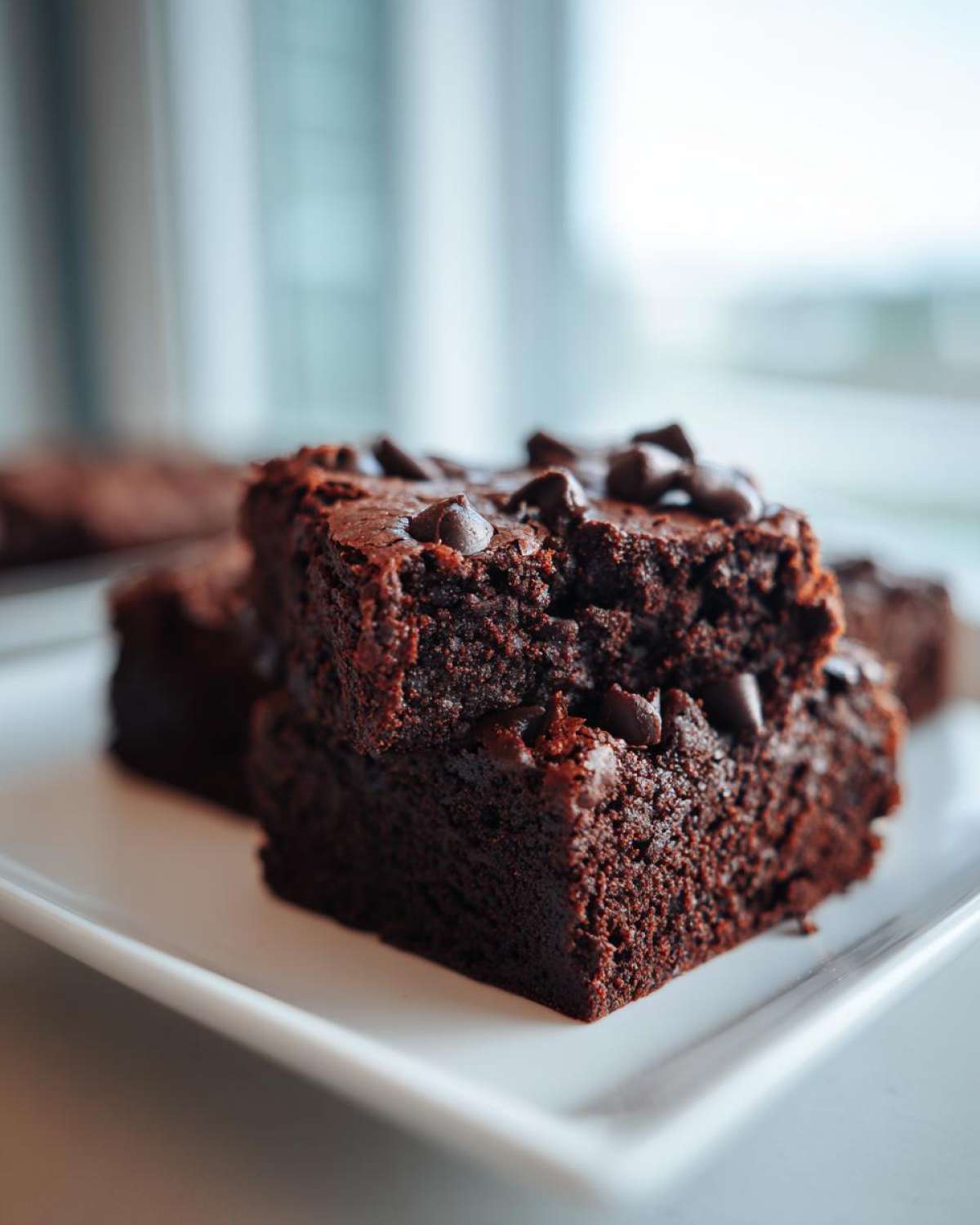 Close-up of two fudgy sweet potato brownies stacked, topped with chocolate chips, on a white plate.