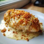 Close-up of a juicy Garlic parmesan chicken bake topped with crispy breadcrumbs and creamy sauce.