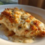 Close-up of a perfectly baked chicken breast covered in melted cheese and a golden crust, part of the Garlic parmesan chicken bake.