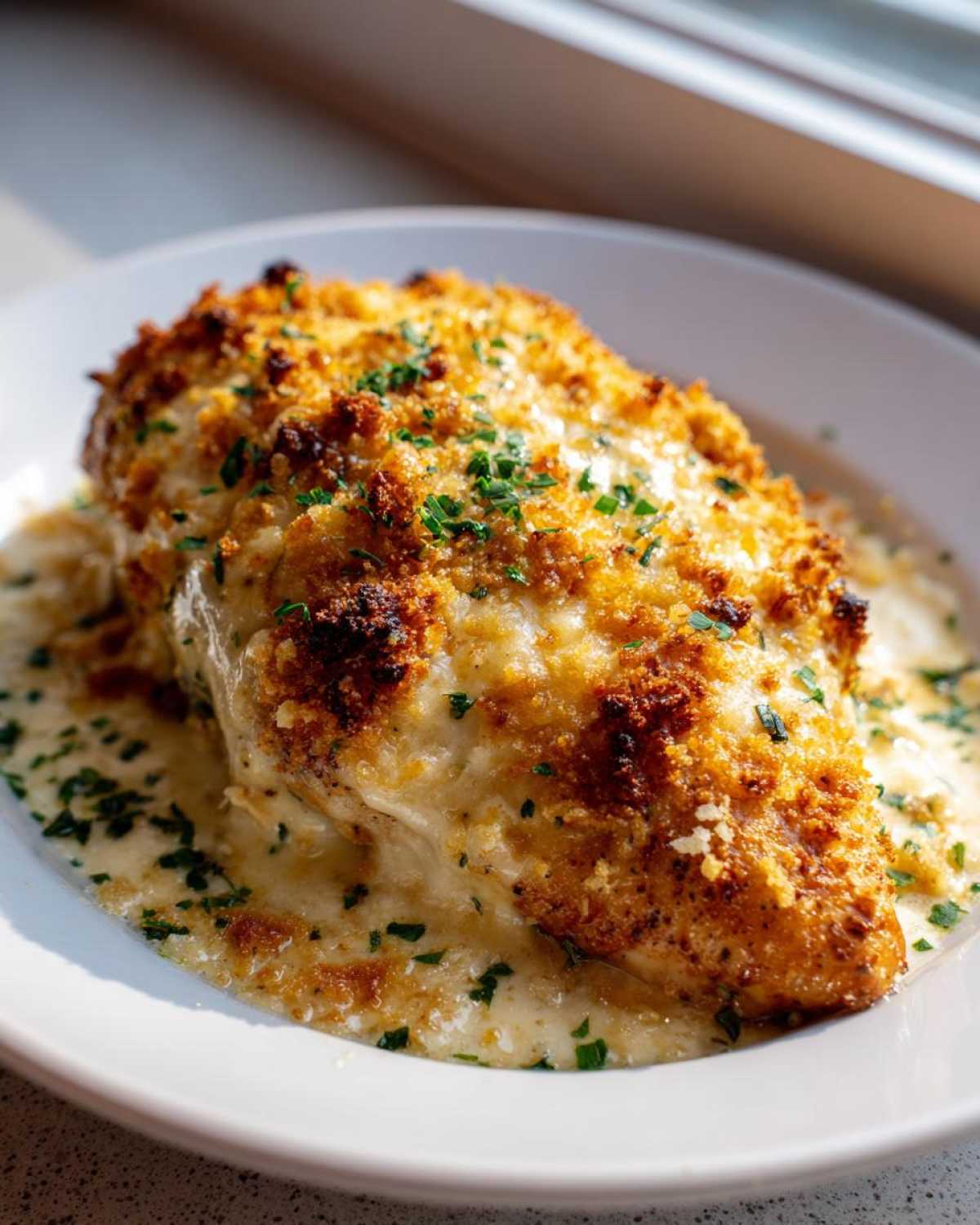 Close-up of a baked chicken breast with a crispy, golden parmesan crust, served in a creamy sauce, part of the Garlic parmesan chicken bake recipe.