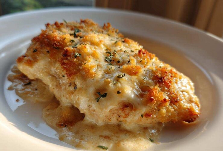 Close-up of a perfectly baked chicken breast covered in melted cheese and a golden crust, part of the Garlic parmesan chicken bake.
