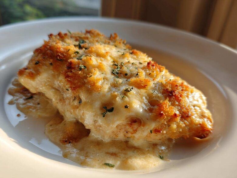 Close-up of a perfectly baked chicken breast covered in melted cheese and a golden crust, part of the Garlic parmesan chicken bake.
