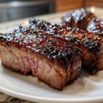 Close-up of thick, juicy pork steak recipe cuts with a dark, caramelized glaze on a white plate.