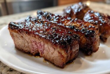Close-up of thick, juicy pork steak recipe cuts with a dark, caramelized glaze on a white plate.