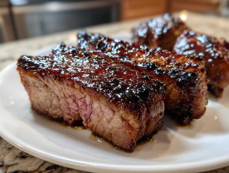 Close-up of thick, juicy pork steak recipe cuts with a dark, caramelized glaze on a white plate.