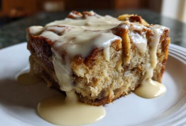 A close-up of a square slice of moist bread pudding topped generously with a thick vanilla cream sauce.