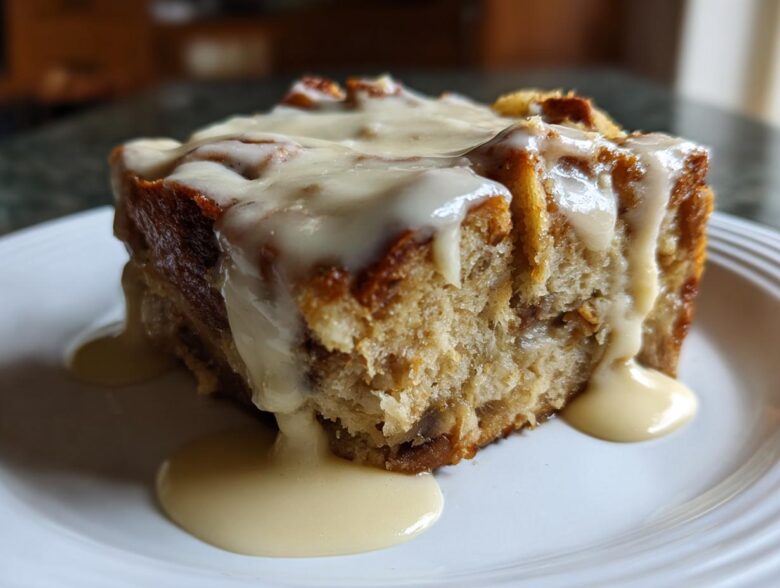A close-up of a square slice of moist bread pudding topped generously with a thick vanilla cream sauce.