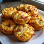 A stack of golden brown, cheesy bacon egg bites served on a white plate, ready to eat.