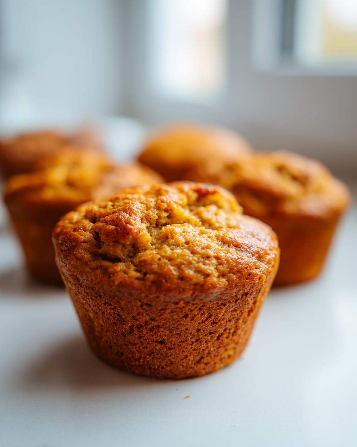 Close-up of a perfectly baked banana protein muffin with a golden-brown, textured top.