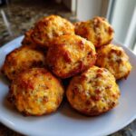A pile of freshly baked, golden brown cream cheese sausage balls topped with melted cheddar cheese on a white plate.