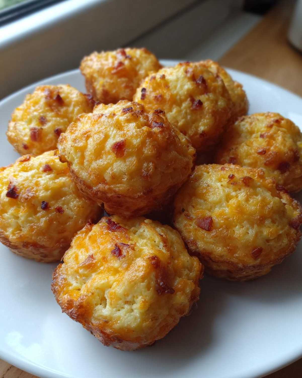 A plate piled high with freshly baked, golden brown egg bites topped with melted cheese and bacon.