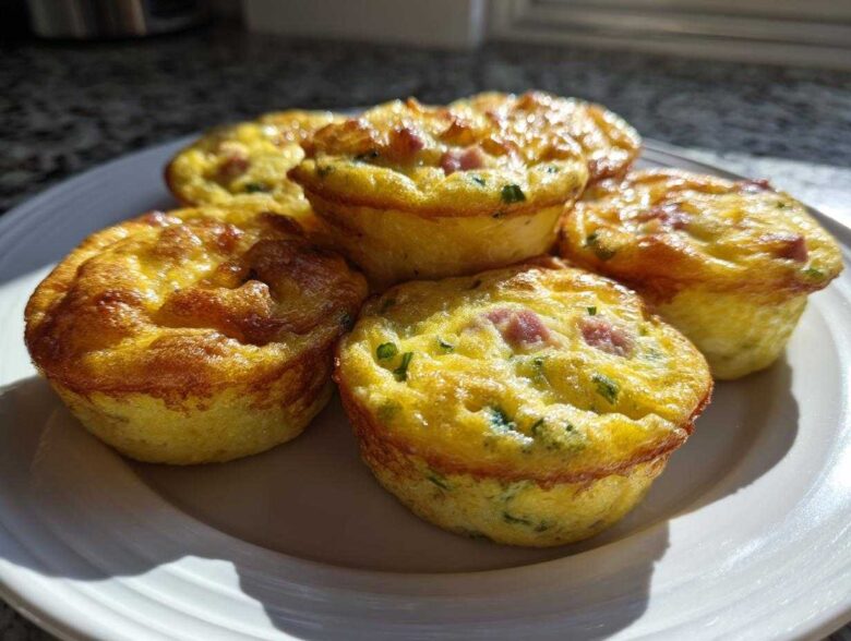 Five freshly baked, golden brown Egg Muffin Cups with visible ham and chives on a white plate.