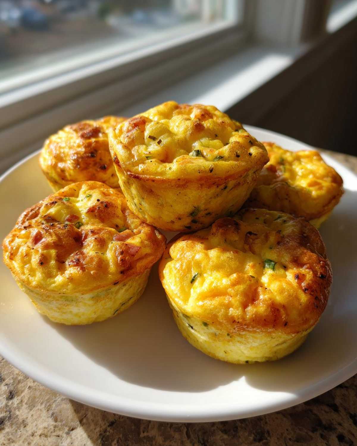 A close-up of five golden brown Egg Muffin Cups stacked slightly on a white plate near a sunny window.