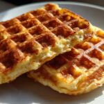 Close-up of two golden brown, freshly made high protein waffles stacked slightly on a white plate.