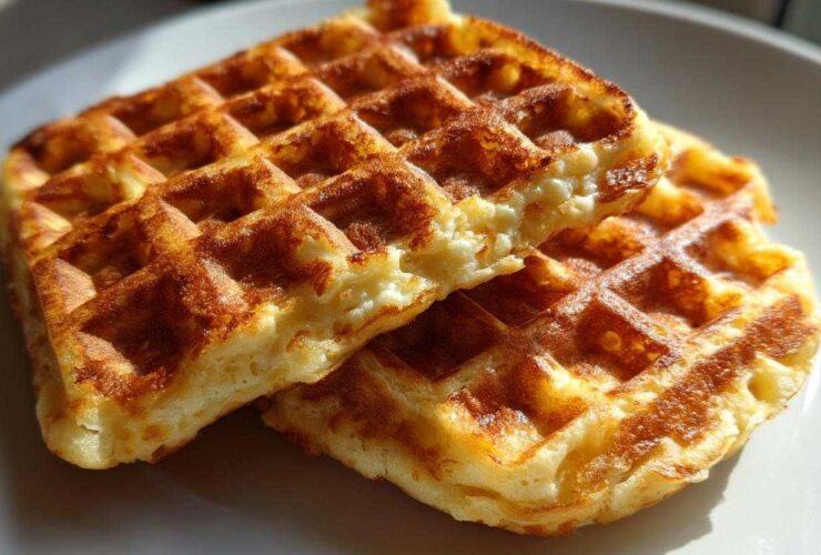 Close-up of two golden brown, freshly made high protein waffles stacked slightly on a white plate.