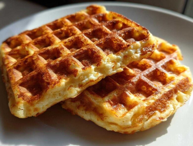 Close-up of two golden brown, freshly made high protein waffles stacked slightly on a white plate.