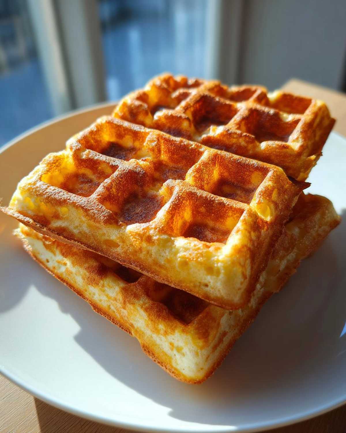A stack of two golden brown, fluffy high protein waffles resting on a white plate, lit by bright sunlight.