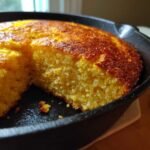 Close-up of golden yellow skillet cornbread with a dark, caramelized crust, a slice removed.