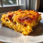 A close-up slice of cheesy, baked tater tot breakfast casserole with sausage on a white plate.