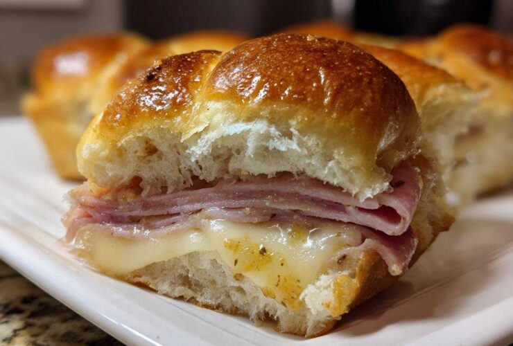 A close-up view of a freshly baked Ham and Cheese Sliders, showing melted cheese and layers of ham inside a shiny, golden bun.