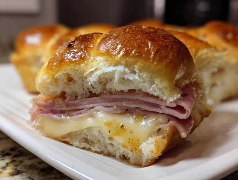 A close-up view of a freshly baked Ham and Cheese Sliders, showing melted cheese and layers of ham inside a shiny, golden bun.