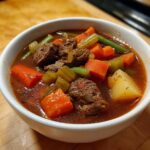 Close-up of a white bowl filled with rich, dark broth vegetable beef soup featuring chunks of beef, carrots, celery, and potatoes.