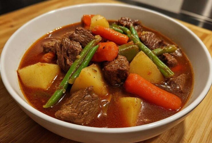 Close-up of a hearty bowl of vegetable beef soup featuring tender beef chunks, potatoes, carrots, and green beans.