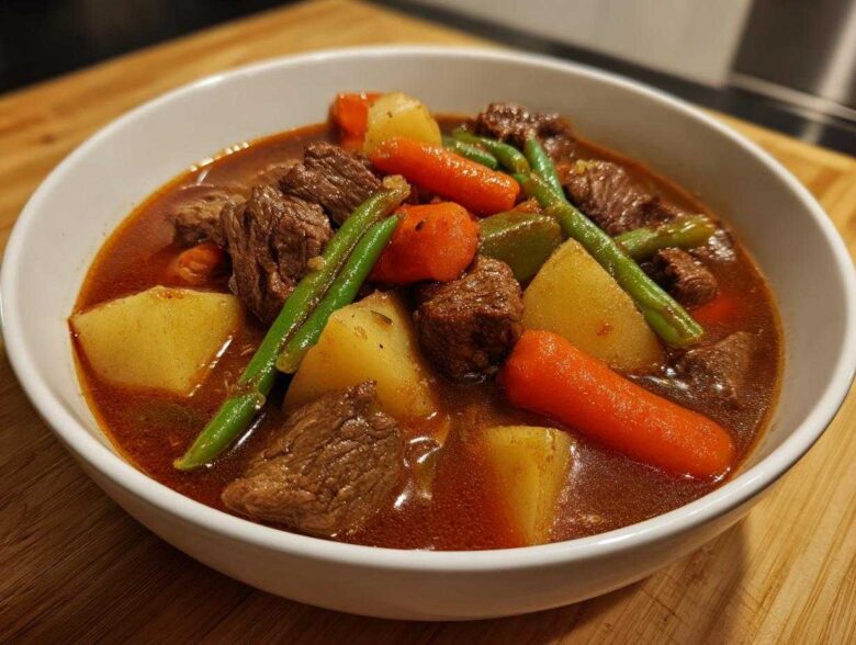 Close-up of a hearty bowl of vegetable beef soup featuring tender beef chunks, potatoes, carrots, and green beans.
