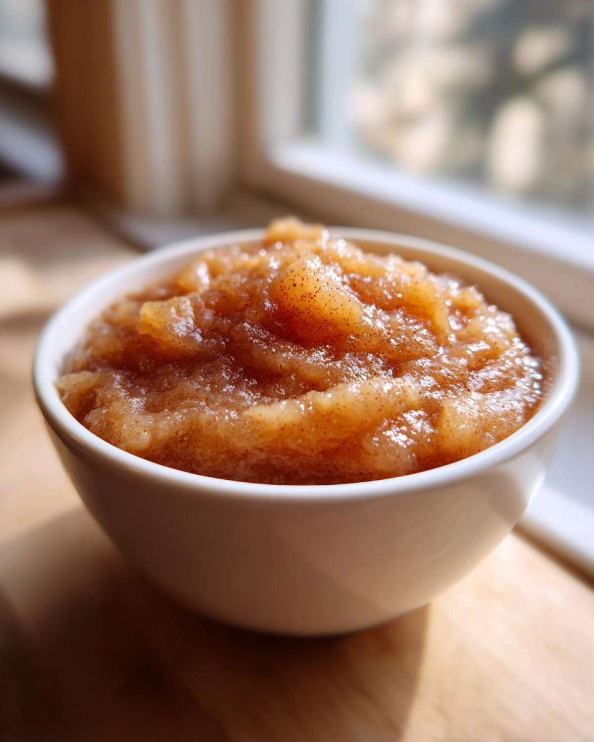 Close-up of chunky, homemade applesauce sprinkled with cinnamon in a white bowl.