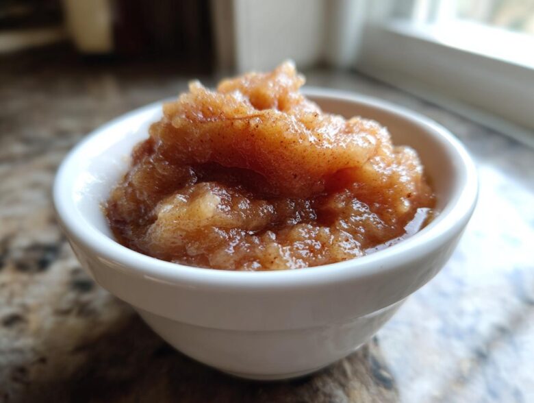 Close-up of chunky, cinnamon-spiced homemade applesauce served in a small white bowl.