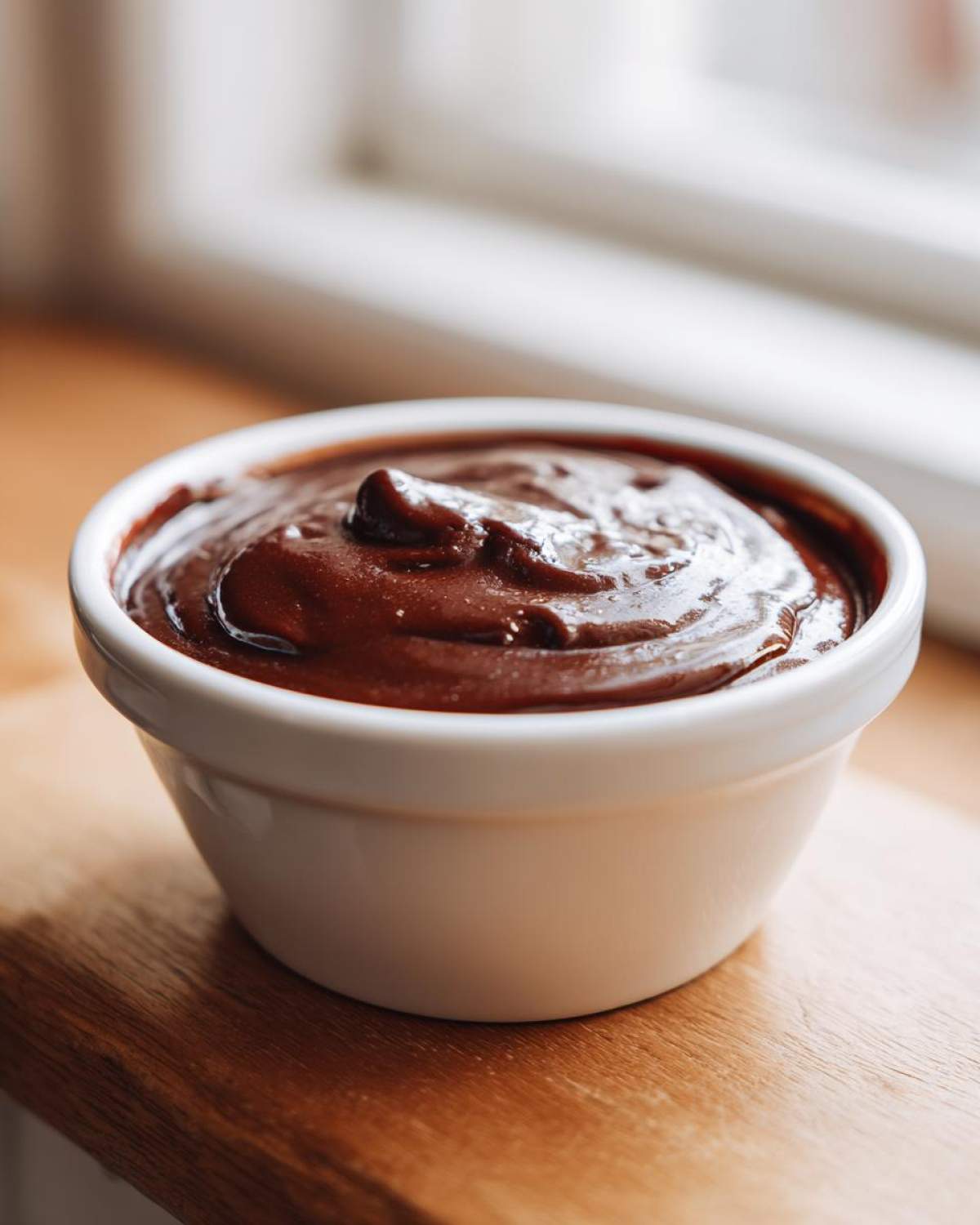 A close-up of rich, dark homemade chocolate pudding served in a small white ramekin.