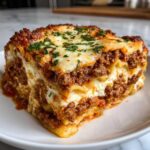 Close-up of a thick, layered slice of homemade lasagna featuring rich meat sauce and melted cheese.