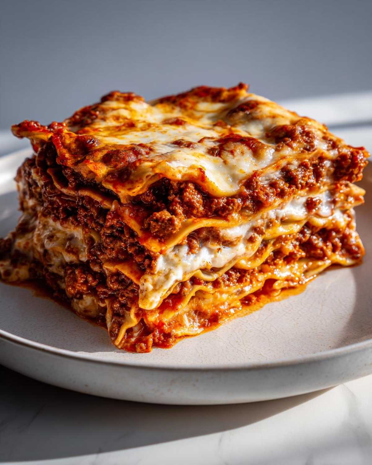 A tall, layered slice of homemade lasagna featuring rich meat sauce and melted cheese topping.