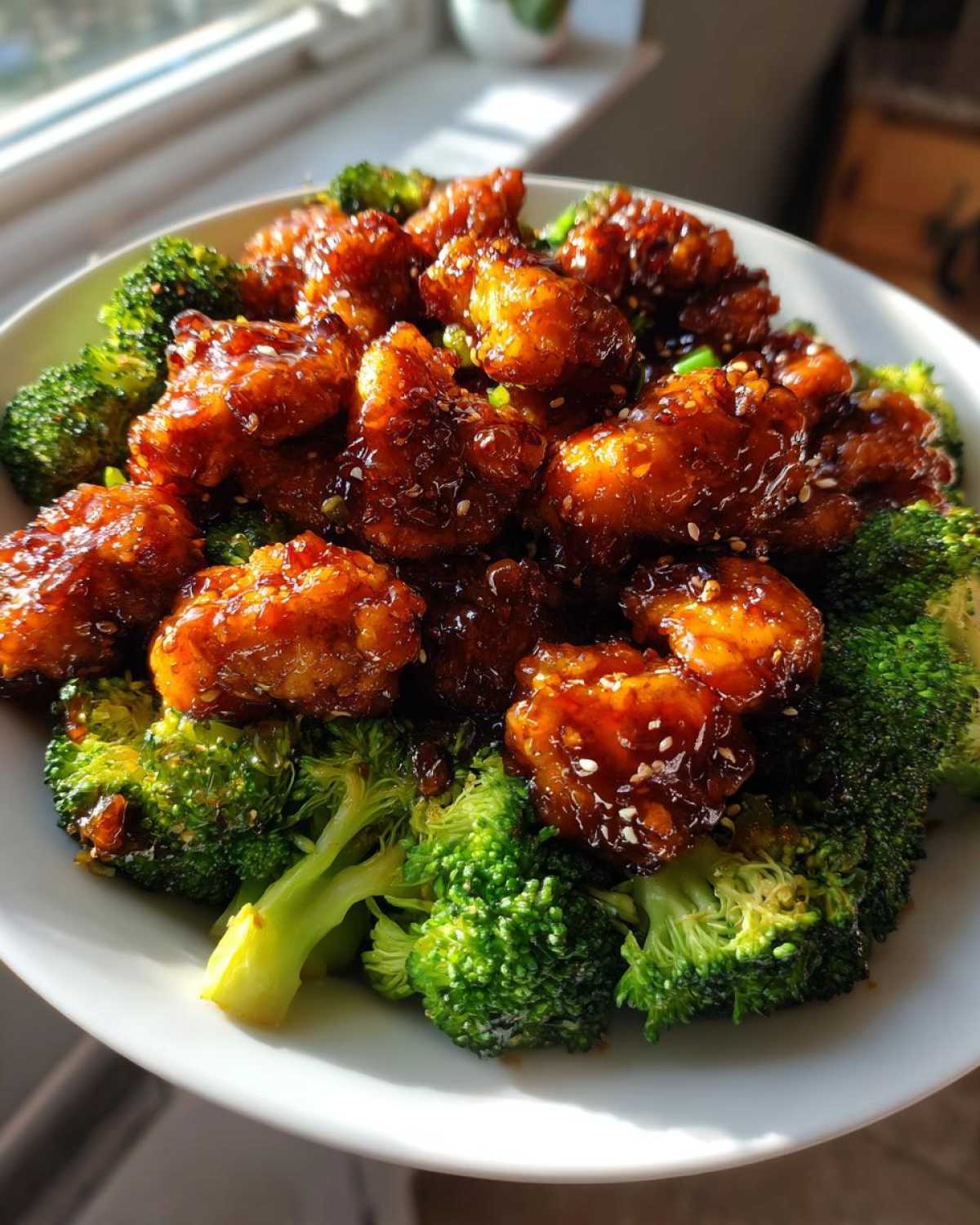 Close-up of glazed honey garlic chicken and bright green broccoli florets served together.