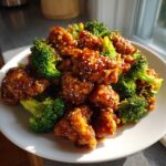 Close-up of glazed honey garlic chicken and broccoli pieces sprinkled with sesame seeds on a white plate.