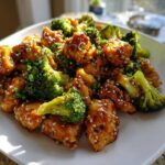 Close-up of glistening honey garlic chicken and broccoli pieces garnished with sesame seeds.