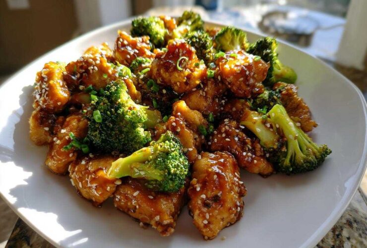Close-up of glistening honey garlic chicken and broccoli pieces garnished with sesame seeds.