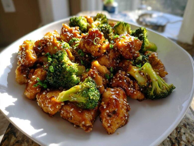 Close-up of glistening honey garlic chicken and broccoli pieces garnished with sesame seeds.
