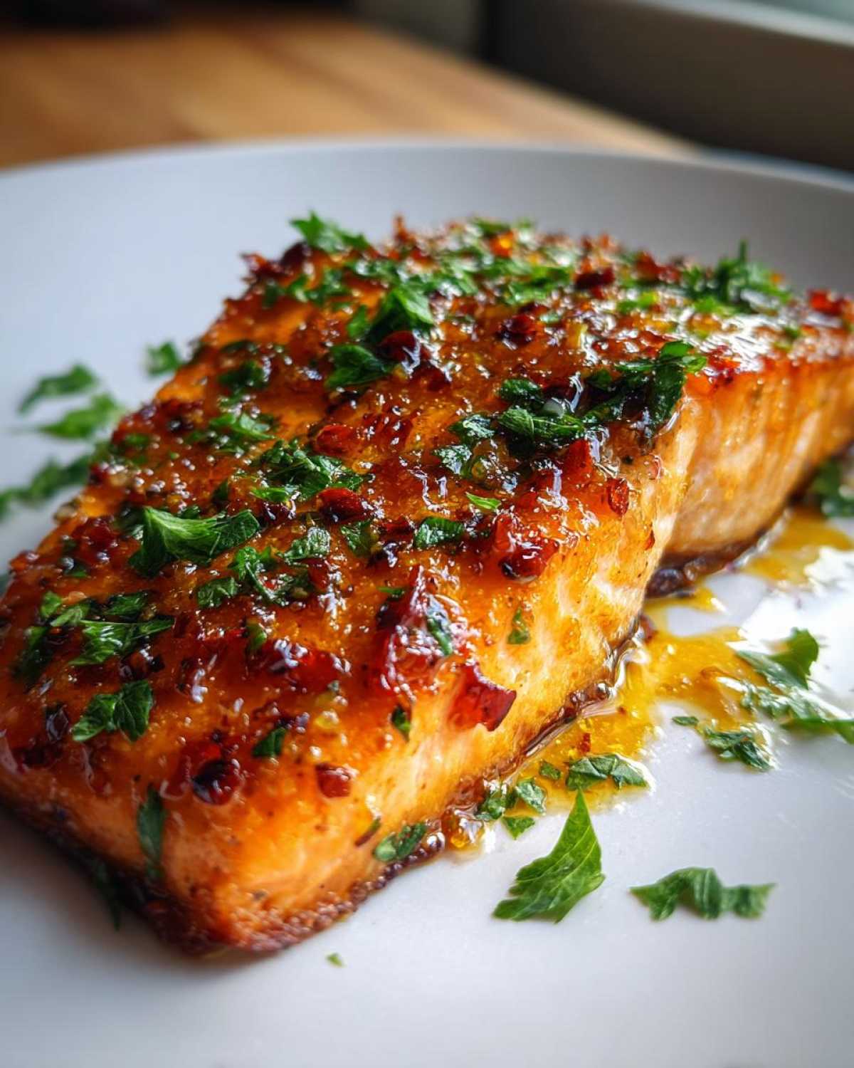 Close-up of a perfectly cooked, flaky salmon fillet topped with a shiny honey garlic glaze and fresh parsley.
